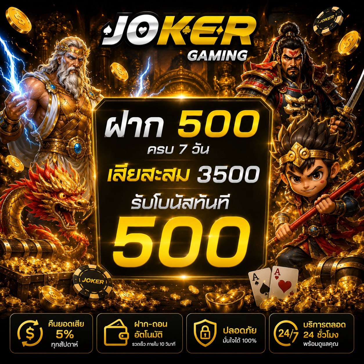 ภาพโปรโมชันฝาก 500 ครบ 7 วัน เสียสะสม 3500 รับโบนัสทันที 500 Joker Gaming